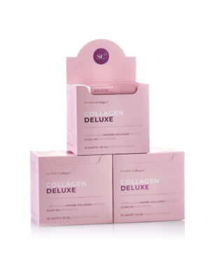 Colagen Deluxe - 20 Shots - Colagen Marin Hidrolizat Lichid cu 12.500 mg + Acid Hialuronic 75 mg + Biotina 5000 mcg + MSM 125 mg + Zinc + Siliciu + Vitamine 10 Colagen Deluxe Fiole – Ofertă 3 Cutii