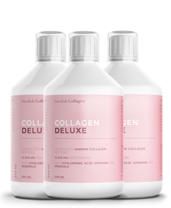 Colagen Deluxe – Colagen Marin Hidrolizat Lichid cu 12.500 mg + Acid Hialuronic 75 mg + Biotină 5000 mcg + MSM 125 mg + Zinc + Siliciu + Vitamine – 3 sticle