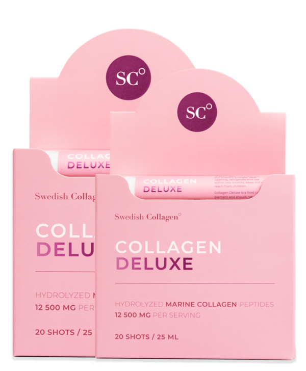 Colagen Deluxe – Colagen Marin Hidrolizat Lichid cu 12.500 mg + Acid Hialuronic 75 mg + Biotină 5000 mcg + MSM 125 mg + Zinc + Siliciu + Vitamine – Cutie cu 20 Fiole – Pachet 2 cutii