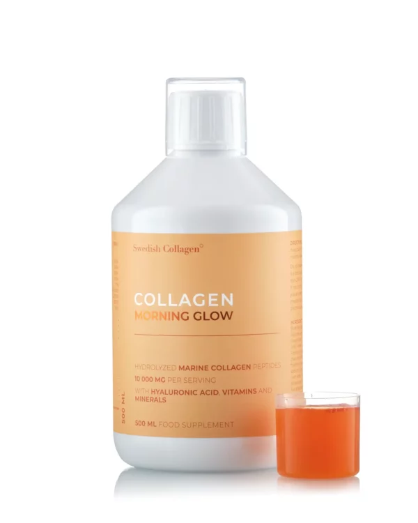 Colagen Morning Glow (din Peste) - Lichid, Hidrolizat Tip 1 si 3 cu 10.000 mg + Acid Hialuronic 25 mg + Retinol 800 mcg + Biotina 5000 mcg + Probiotice + MSM + Siliciu + Vitamine - 500 ml