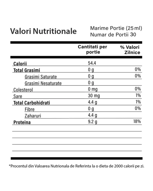 Eticheta cu valori nutritionale pentru Colagen Vegan 30 FIole, per portie de 1 fiola (25 ml)