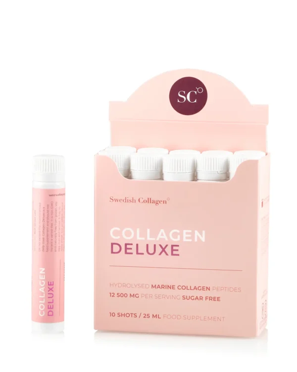 Colagen Deluxe 10 Shots Travel Pack – Colagen Marin Hidrolizat Lichid cu 12.500 mg la doza zilnica + Acid Hialuronic + Biotina + MSM + Zinc + Siliciu + Vitamine – Usor de transportat si administrat