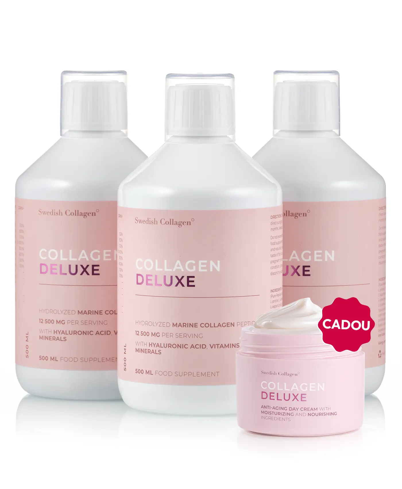 Pachet Gama Deluxe - 3 sticle × Colagen Deluxe + Cadou Crema de Zi cu Retinol Deluxe 1 Pachet Gama Deluxe - 3 sticle × Colagen Deluxe + Cadou Crema de Zi cu Retinol Deluxe